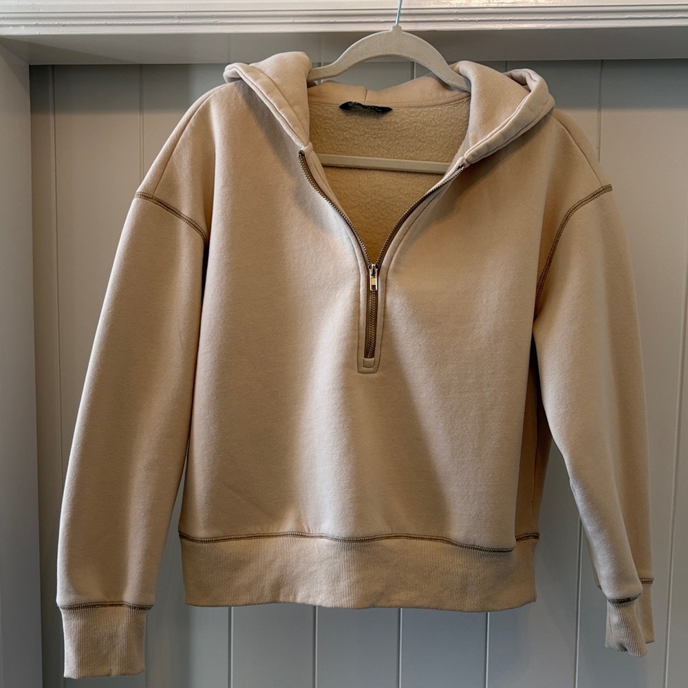 Pretty Garden Brand Beige Half-Zip Hoodie, gold zipper Medium